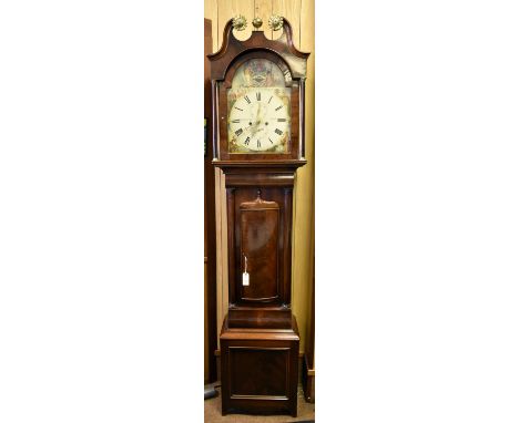 A mid-nineteenth century longcase clock. With a mahogany case, painted face and 2-train movement striking on a bell. Signatur