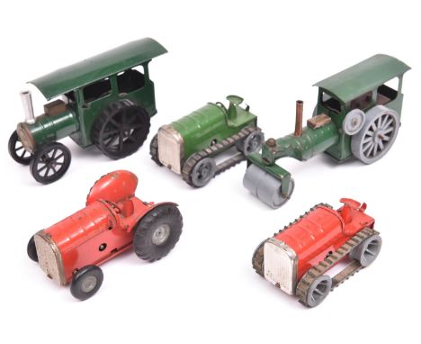 5x Tri-ang Minic clockwork commerical vehicles. 2x Tractors (11M) one in red the other in green, both with diecast wheels. A 