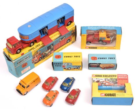 7x Corgi Toys. Including 2x boxed vehicles; a Land Rover Breakdown Truck (477) and a Circus Horse Transporter with Horses (11