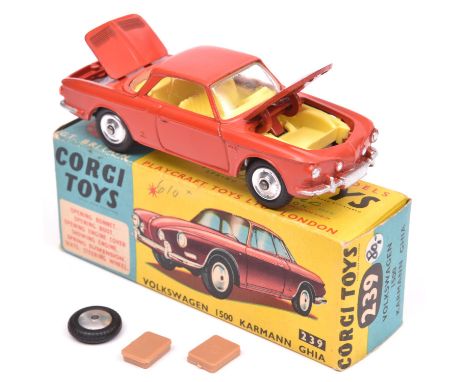 Corgi Toys Volkswagen 1500 Karmann Ghia (239). An example in orangy red with yellow interior, dished spun wheels and black ty