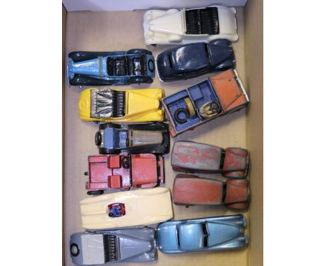 12 Dinky Toys for restoration. Most over painted, 2x Sunbeam-Talbot, 2x Delivery Van. Austin Devon, Jaguar XK120, Jeep, Jagua