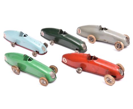 5x Tri-ang Minic clockwork Racing Cars (13M). All pre-war examples; a red - RN5, light green - RN6, a dark green - RN6, a lig