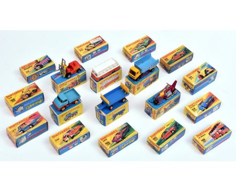 18 Matchbox Superfast/Rolamatics. No15 Fork Lift Truck, 17 The Londoner, 21 Rodroller, 28 Stoat, 30 Beach Buggy, 37 Soopa Coo