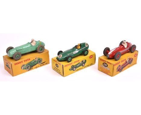 3 Dinky single seat racing cars. Maserati Racing Car (231) in red with white flash, RN9. Vanwall Racing Car (239) in dark gre