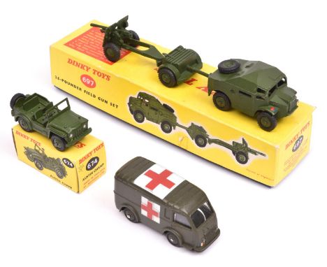 3 Dinky Military Toys.  A 25 Pounder Field Gun Set (697). Comprising a Morris Medium Artillery Tractor, limber and gun. Boxed