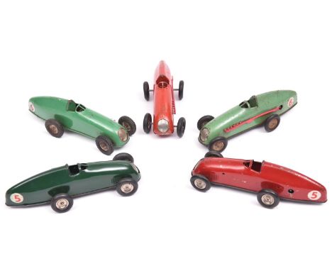 5x Tri-ang Minic clockwork Racing Cars (13M). All pre-war examples; 2x red - RN5, 2x light green - RN6 and a dark green - RN5