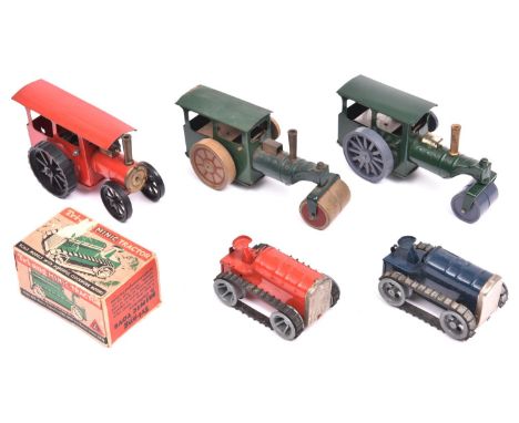 5x Tri-ang Minic clockwork commerical vehicles. 2x Steam Rollers (33M), one with wooden wheels and the other with grey plasti