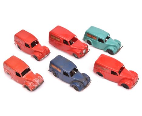 6x Tri-ang Minic clockwork vehicles with plastic bodies; Austin A40 Van (99M) in red with diecast wheels. 2x Morris Light Van