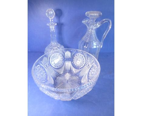 An early 19th century faceted cut-glass wine decanter with large mushroom stopper together with a late 19th / early 20th cent