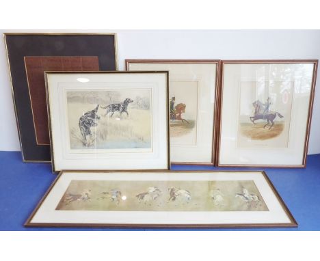Five framed and glazed colour prints: a Tibetan polo scene (16.5cm x 72.5cm); '13th Hussars' and '18th Hussars' after R. Simk