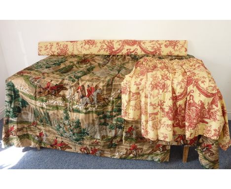 A pair of curtains of canvas-weave material depicting a colourful hunting scene (approx. 220cm hem x 154cm drop), together wi
