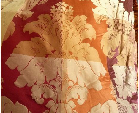 Two pairs of burgundy, orange and gold silk-style curtains edged with velvet and with tasselled edges, gold chenille-type lin
