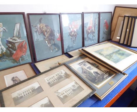 An interesting selection of mostly framed and glazed decorative pictures and prints to include a set of four after Lionel Edw