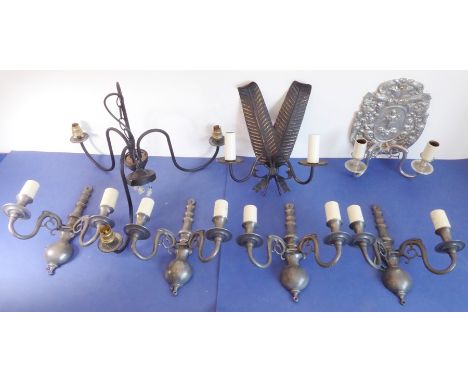A selection of lighting to include a set of four two-light wall appliques, a two-branch wall applique cast in relief&nbsp;as 