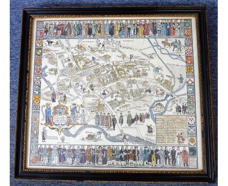 A Hogarth framed and glazed coloured map of 'Oxford's History with some of her Worthies' (frame is 54.5cm x 60cm, the actual 