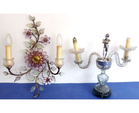 A mid-20th century two-light wall applique modelled as cut-glass flowerheads and leaves together with a cut-glass two-light c
