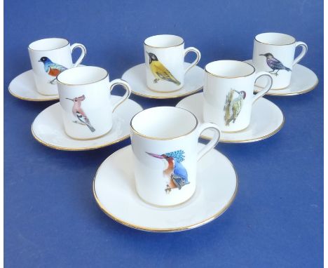 A fine set of six Hammersley &amp; Co. bone china coffee cans and saucers; each individually decorated with a ornithological 