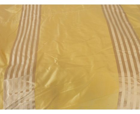 Two pairs of yellow satin-style curtains decorated with gold column bands, with rubberised coated lining (approx. 254cm hem x