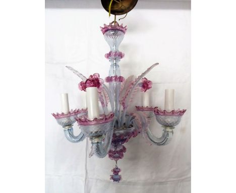 A Venetian-style five-light ceiling candelabra in cranberry and clear glass (49cm high x approx. 40cm wide)Condition Report: 