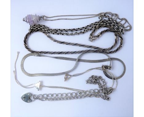 Various silver chains etc. (some with pendants), one with a natural mauvish and lighter quartz-style hardstone  (The cost of 
