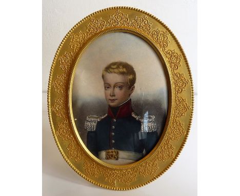 A coloured portrait engraving of a very young subaltern; shoulder-length&nbsp;engraving with later highlights, very ornate an