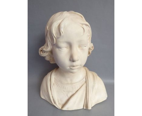 A plaster bust of a young boy; impressed lettering to reverse of shoulder reading 'llarobbia - Museo Nazionale di Firenze' (a