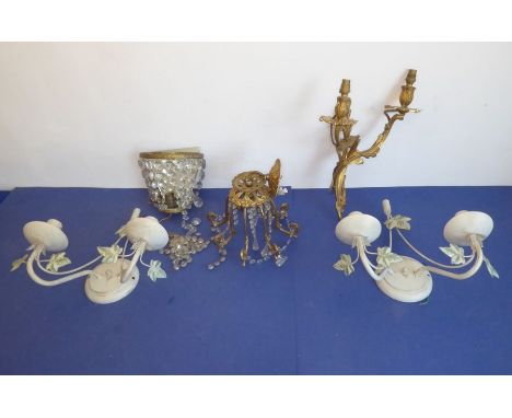 A selection of lighting comprising: a Louis-XV-style two-branch gilded appliquea small chandeliera wall-mounted mirror-backed