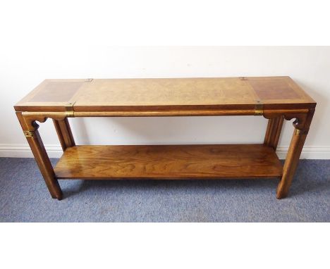 A modern Chinese wood and brass mounted console / altar-style table;&nbsp;long and low&nbsp;design, figured top with banding 