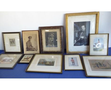 Ten military and equine themed pictures and prints to include three portrait photographs of officers in uniform (one unframed