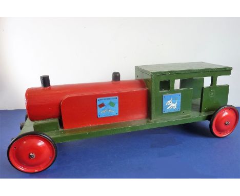 A hand-built and painted wooden model of a steam train engine locomotive 'The Bourton Flyer' (80cm)