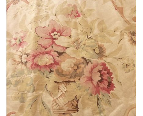 A pair of lined curtains in a  fabric (possibly Mulberry) decorated with birds, berries and flowers, fancy pinch pleat headin
