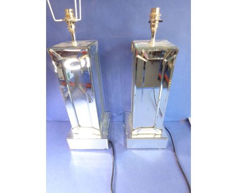 A pair of modern square mirror-fronted table lamps on square plinth-style bases (approx. 40.5cm high excluding light fittings