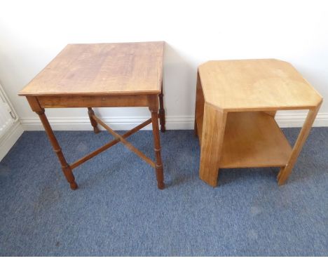 An early/mid-20th century square oak occasional table on turned and chamfered legs united by a cross-frame stretcher, origina