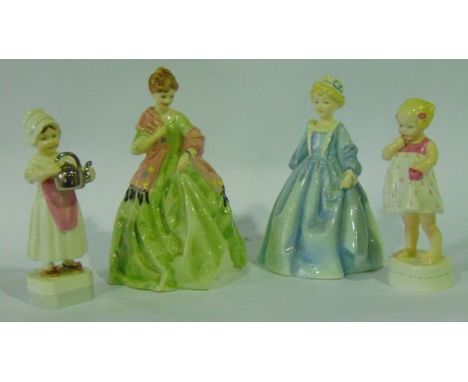 A collection of four Royal Worcester figures - First Dance 3629, Grandmother's Dress 3081, Only Me 3226 and Polly Put the Ket