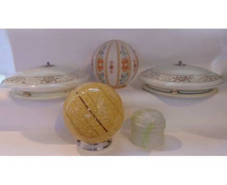 5 vintage glass light shades of varying design including a melon shaped example with foliate detail