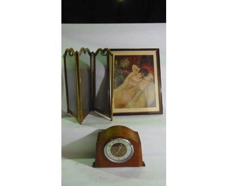 A small heavy brass framed 3-fold fire screen, a Pears print - After the Ball, and an oak mantle clock