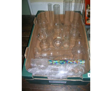 A collection of various glass oil lamp chimneys, approximately chimneys in total including examples of Kosmos, Tram and Bulge