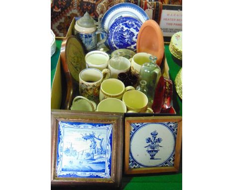 A collection of 19th century and other ceramics including a tin glazed earthenware tile with blue and white painted decoratio