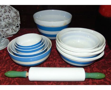 A collection of T G Green Cornish blue and white banded wares comprising a large mixing bowl, together with a quantity of fur