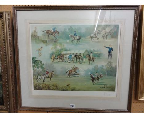 A signed coloured limited edition print after John King showing vignettes of scenes at the pony club 1929-1979, signed bottom