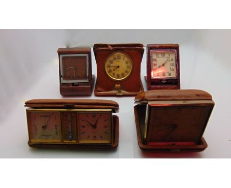 A 1930s/40s Jaeger LeCoultre travel clock, leather cased chrome plated, with cream dial and luminescent Arabic numerals; a Lo