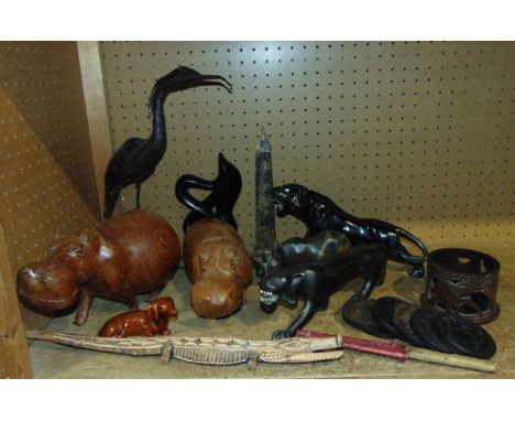 A box containing an assortment of African and other figures of animals, mostly timber to include two large hippopotamus, croc