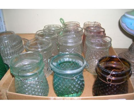 Twelve Vauxhall lamps or bucket lamps, mainly of clear glass, a Cricklite peg fount and chimney, four Clarkes fairy lights of