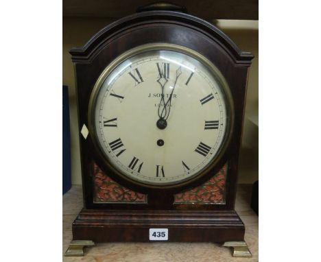A 19th century mahogany bracket clock overlaid with brass detail, enclosing a convex dial and single train fusee movement by 