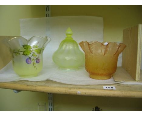 Three various smaller glass decorative shades, one fluted Monography shade with floral decoration, light brown in colour, app