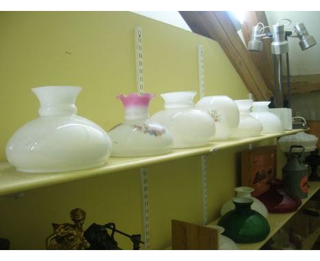 Six glass oil lamp shades including five vesta/dome shape of various fitter dimensions, mainly in milk glass, also including 