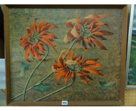 A coloured print after Tretchikoff showing poinsettias and signed in ink top left, and with label verso "Windy Day" by Tretch