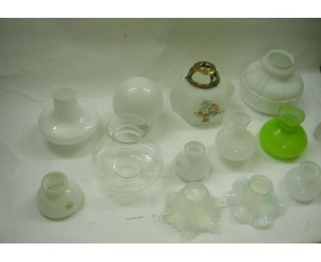 Two crates of small oil lamp and electric light shades including two opaline shades and several vesta shades of varying sizes