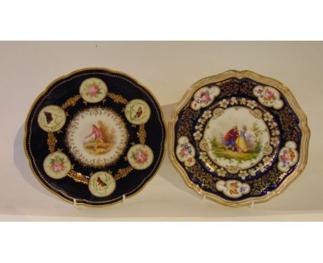 An early 19th century cabinet plate with central painted panel of male and female characters and with further reserve floral 