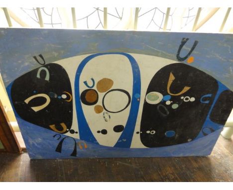 A mid-20th century oil painting on board, with collage elements, of an abstract subject and incorporating news print, coloure